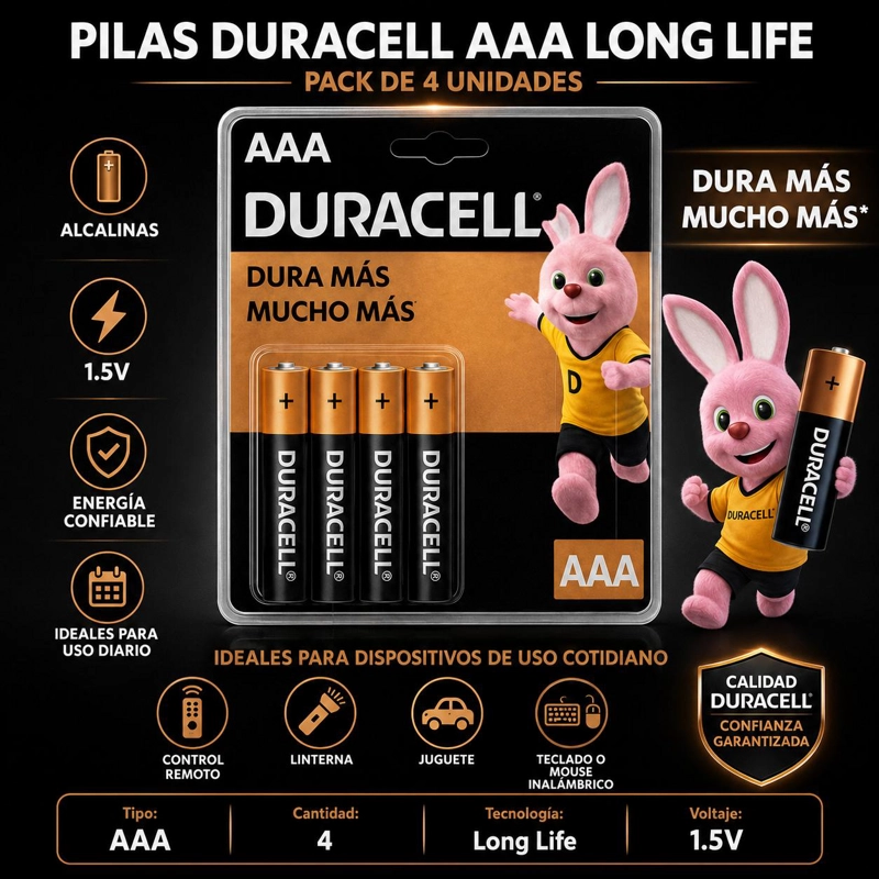 PACK DE 4 PILAS DURACELL AAA BLISTER LONG LIFE - 4
