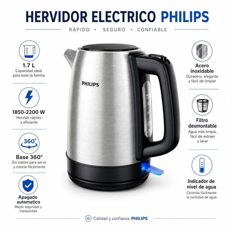HERVIDOR PHILIPS  1.7L ACERO INOXIDABLE BASE GIRATORIA 360° - 6