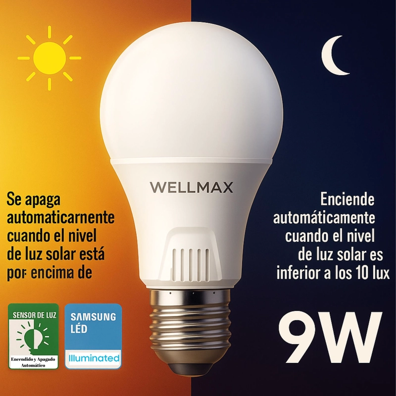 AMPOLLETA LED WELLMAX 9W SENSOR LUZ AUTOMATICO - 2
