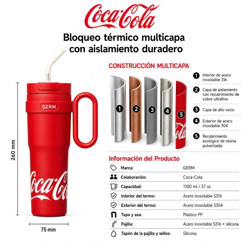 VASO TE RMICO GERM COCA-COLA 1100ML RED ACERO INOXIDABLE - 5