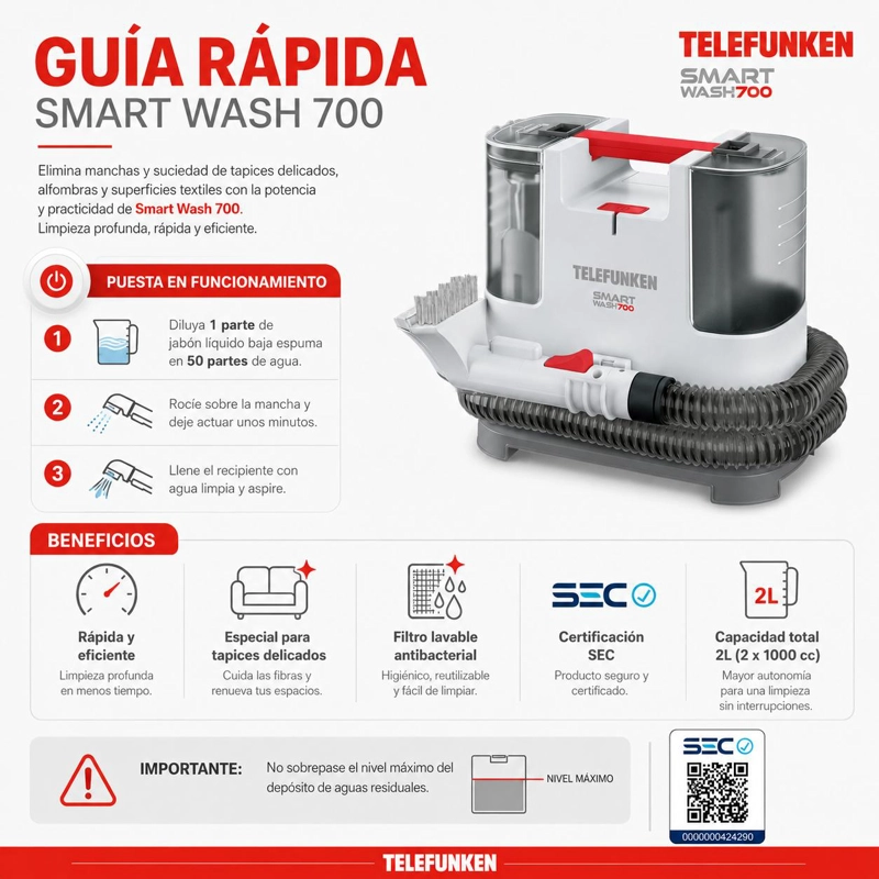ASPIRADORA LIMPIA TAPIZ TELEFUNKEN SMART WASH 700W MULTIUSOS - 6