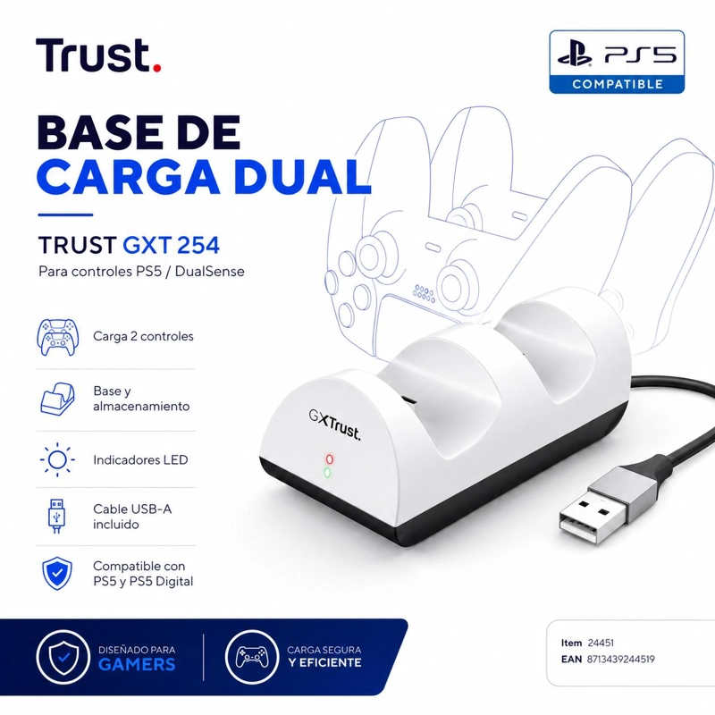 BASE CARGA DUAL PARA CONTROLES PS5 DUALSENSE TRUST GXT 254 - 7