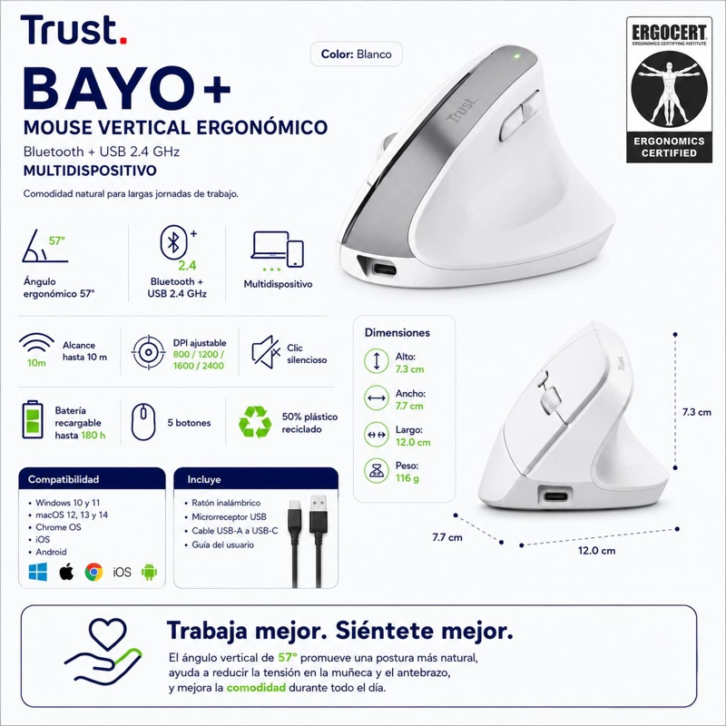 MOUSE VERTICAL INALAMBRICO DUAL ERGONOMICO TRUST BAYO+ WHITE - 7