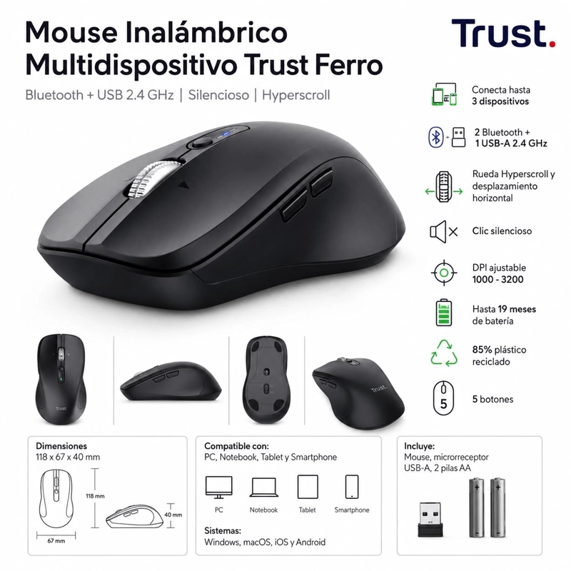 MOUSE DUAL INALAMBRICO TRUST FERRO HYPERSCROLL BT + USB 2G - 7