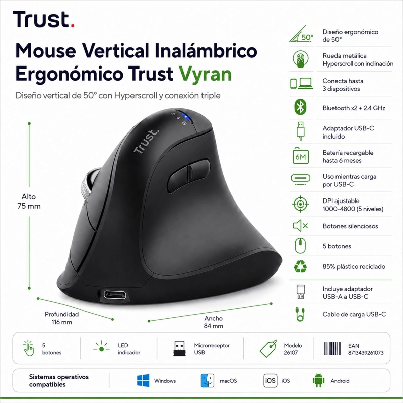 MOUSE VERTICAL ERGO DUAL INALAMBRICO TRUST VYRAN HYPERSCROLL - 8