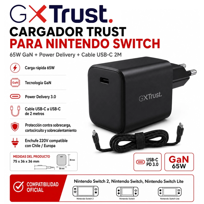CARGADOR TRUST PARA NINTENDO SWITCH 65W CABLE USB-C 2MT - 8