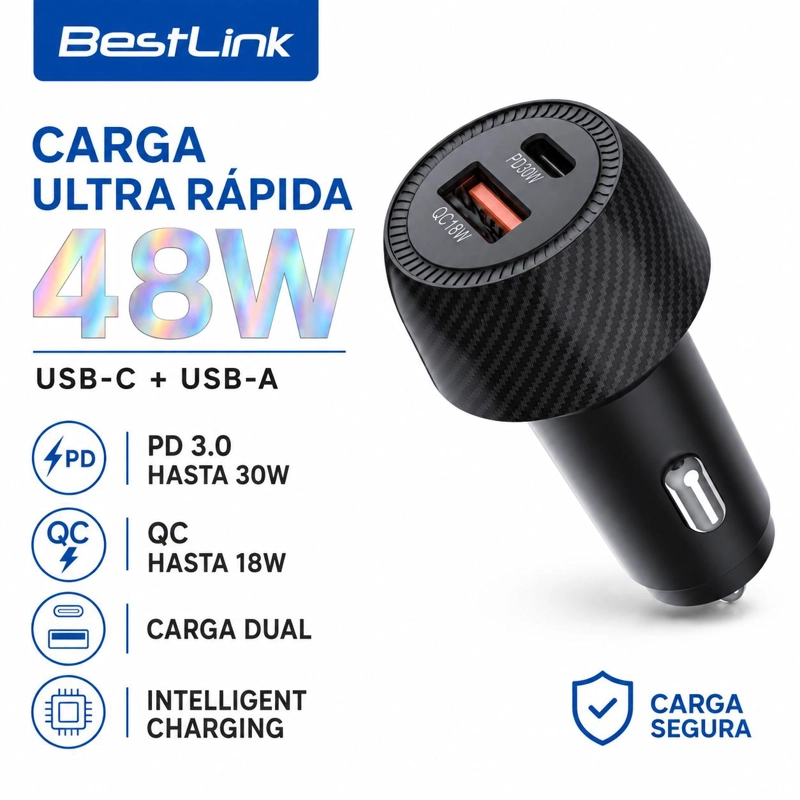 CARGADOR PARA AUTO DUAL 48W USB-C + USB-A CARGA ULTRA RAPIDA - 4