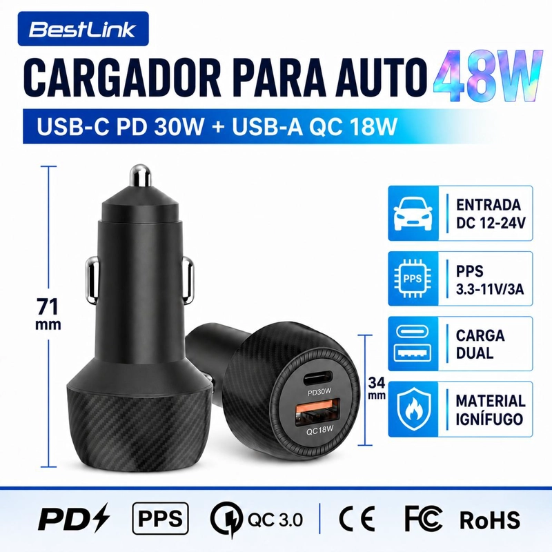 CARGADOR PARA AUTO DUAL 48W USB-C + USB-A CARGA ULTRA RAPIDA - 5