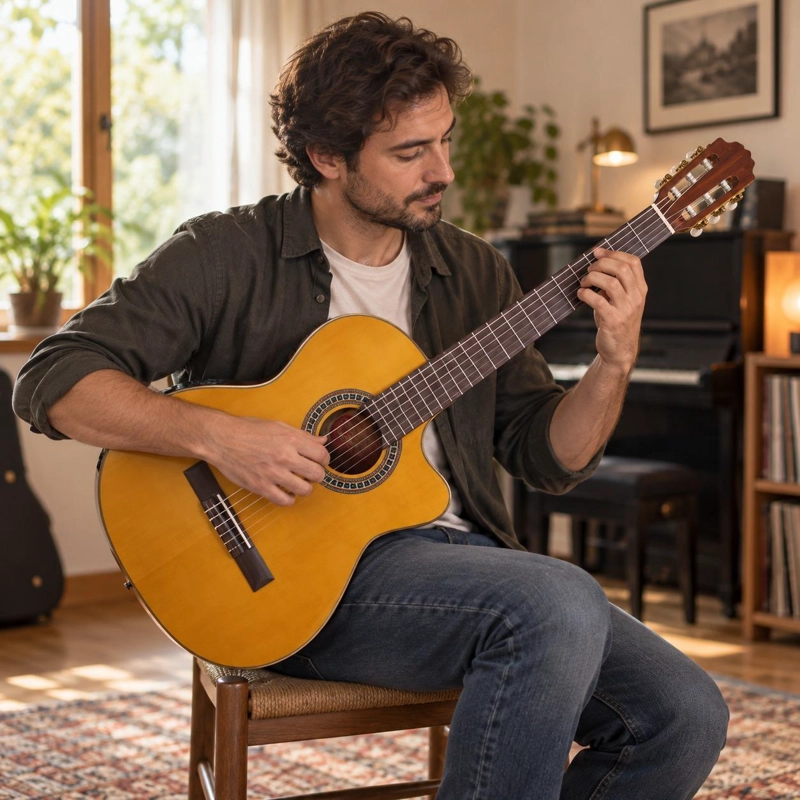 GUITARRA ELECTROACUSTICA SEVILLANA CUTAWAY ULTRA DELGADA NATURAL CON ECUALIZADOR Y FUNDA - 5