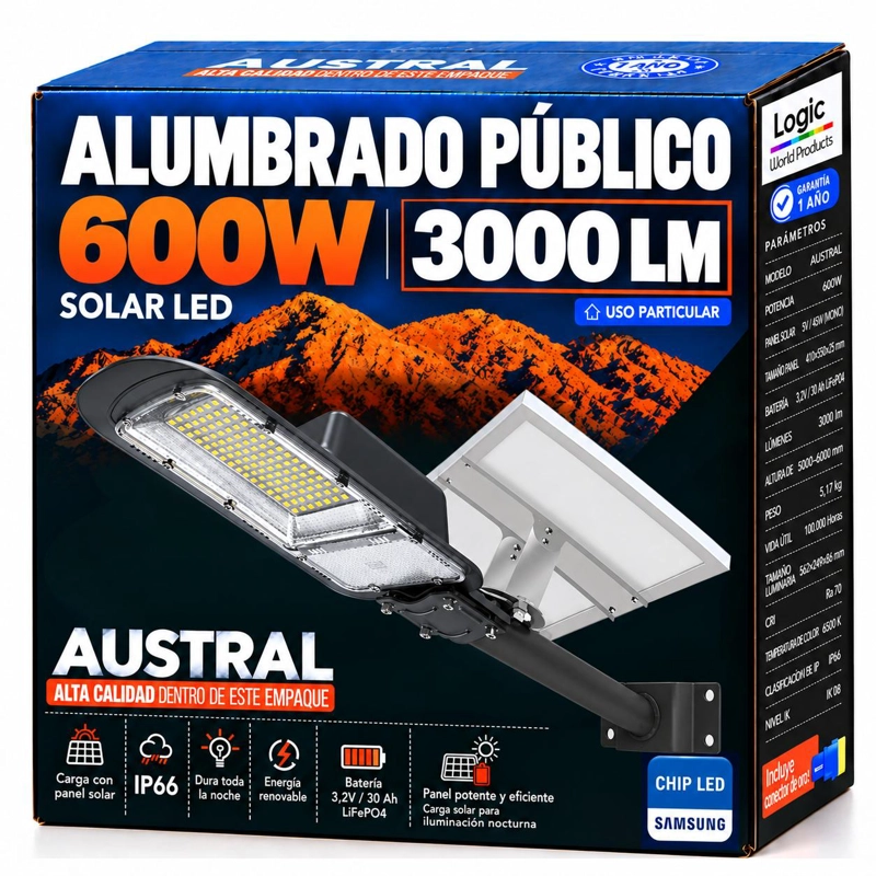 LUMINARIA SOLAR PEATONAL AUSTRAL 600W CON PANEL DE ALTA EFICIENCIA - 3
