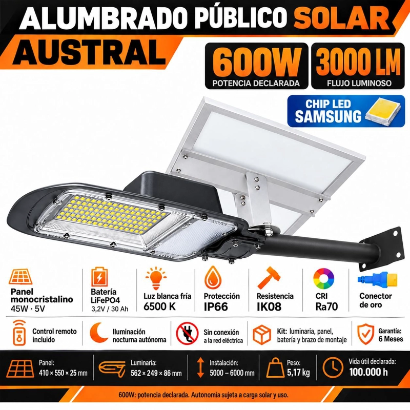 LUMINARIA SOLAR PEATONAL AUSTRAL 600W CON PANEL DE ALTA EFICIENCIA - 6