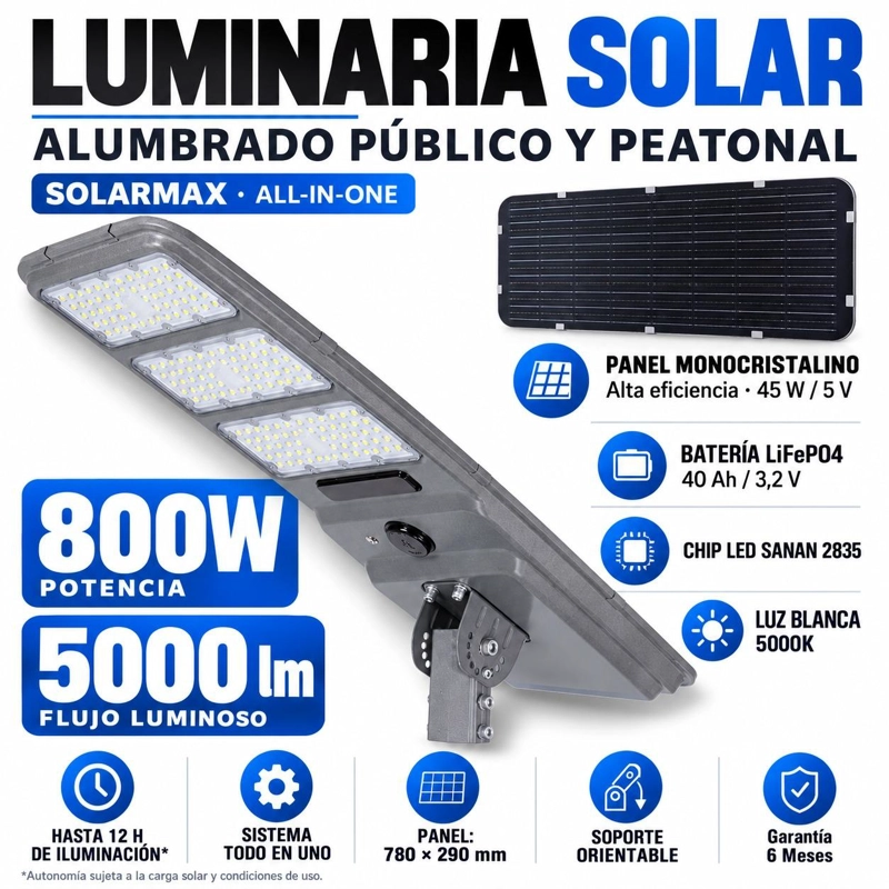 LUMINARIA SOLAR PEATONAL 800W CON PANEL DE ALTA EFICIENCIA - 4