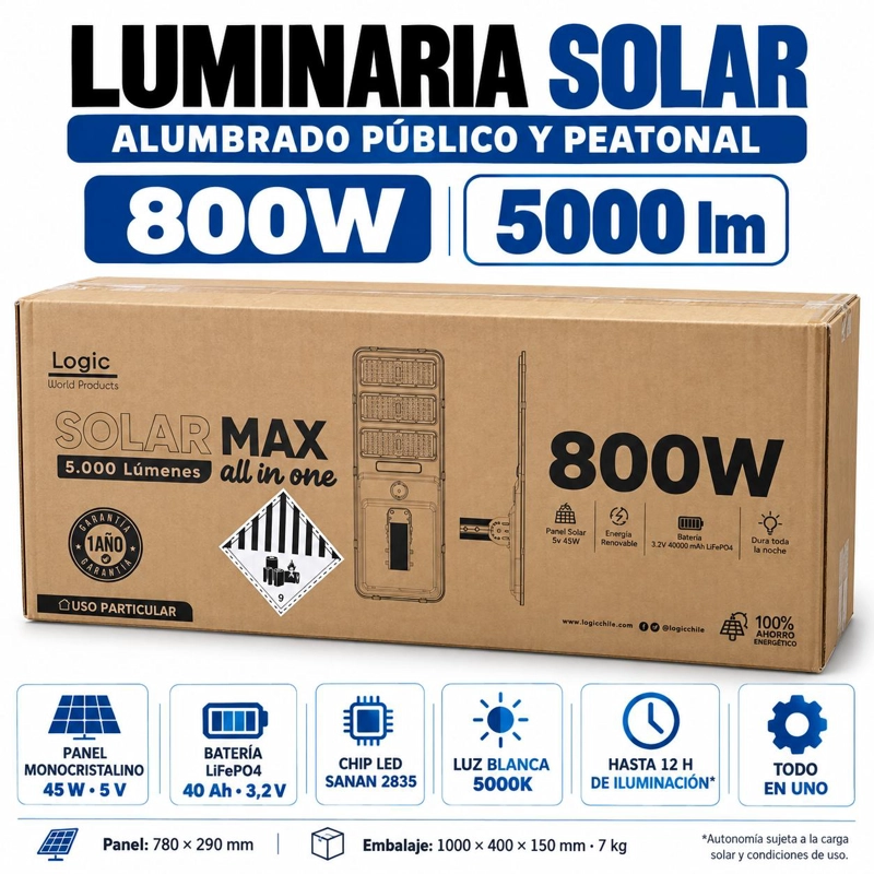 LUMINARIA SOLAR PEATONAL 800W CON PANEL DE ALTA EFICIENCIA - 5