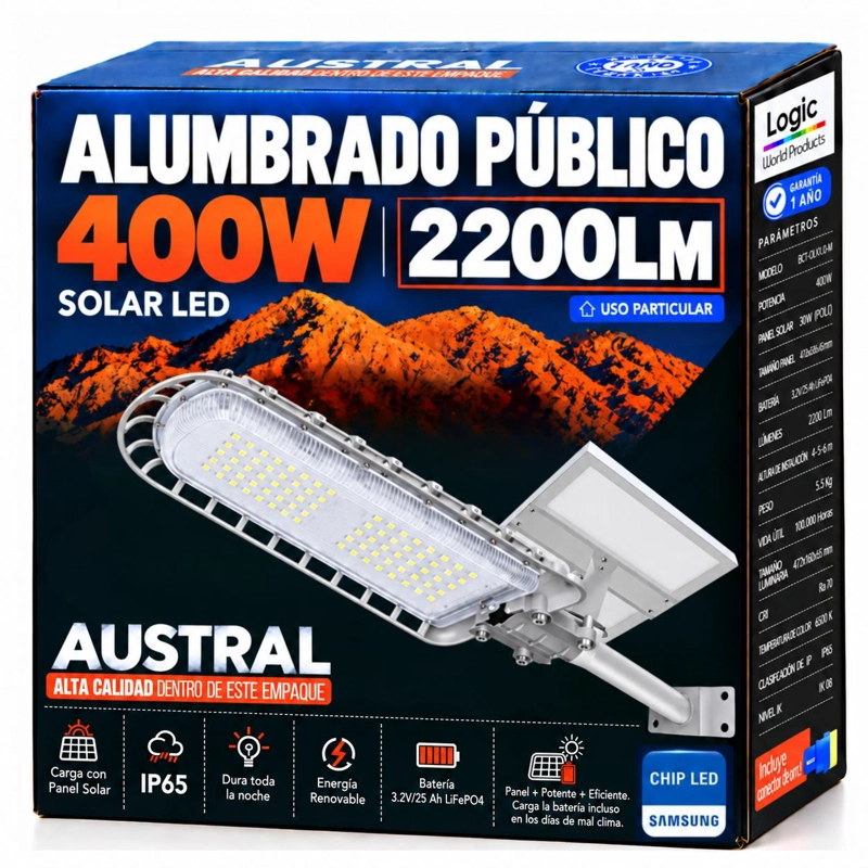 LUMINARIA SOLAR PEATONAL AUSTRAL 400W CON PANEL DE ALTA EFICIENCIA - 3