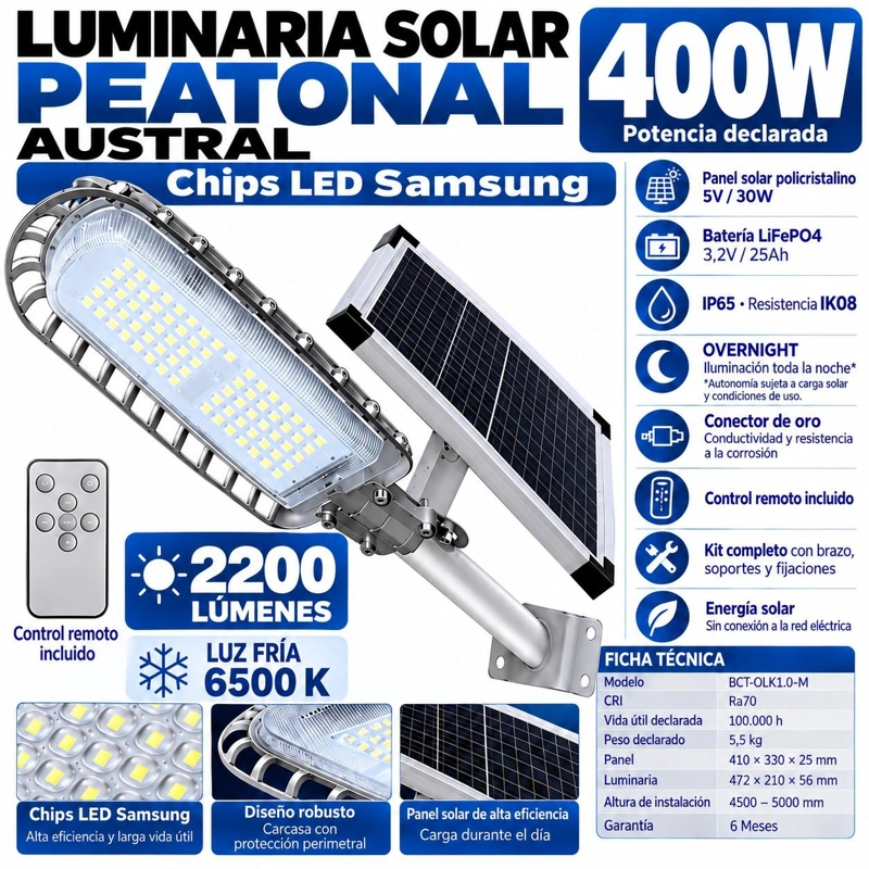 LUMINARIA SOLAR PEATONAL AUSTRAL 400W CON PANEL DE ALTA EFICIENCIA - 7