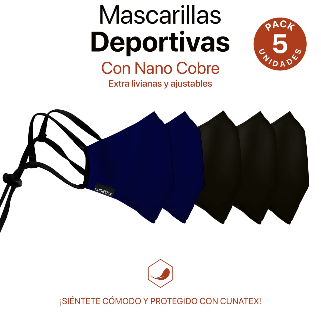 PACK 5 MASCARILLAS NANO COBRE REUTILIZABLES DEPORTIVAS - 1