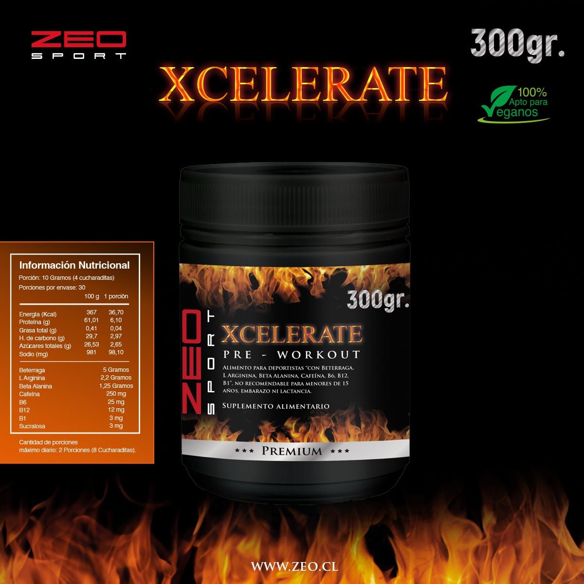 PRE ENTRENO ZEO SPORT XCELERATE 300GR CALIDAD PREMIUM - 1