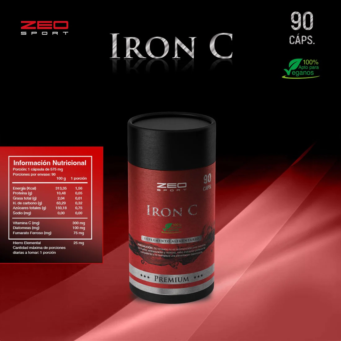 SUPLEMENTO ALIMENTICIO ZEO SPORT IRON C, HIERRO+VITAMINA C 90 CAPSULAS - 1