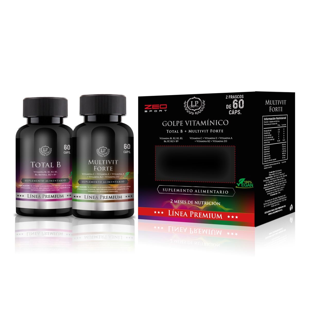 SUPLEMENTO ALIMENTICIO LÍNEA PREMIUM PACK GOLPE VITAMINICO COMPLEJO B + MULTIVITAMINICO 90 CAP C/U - 1