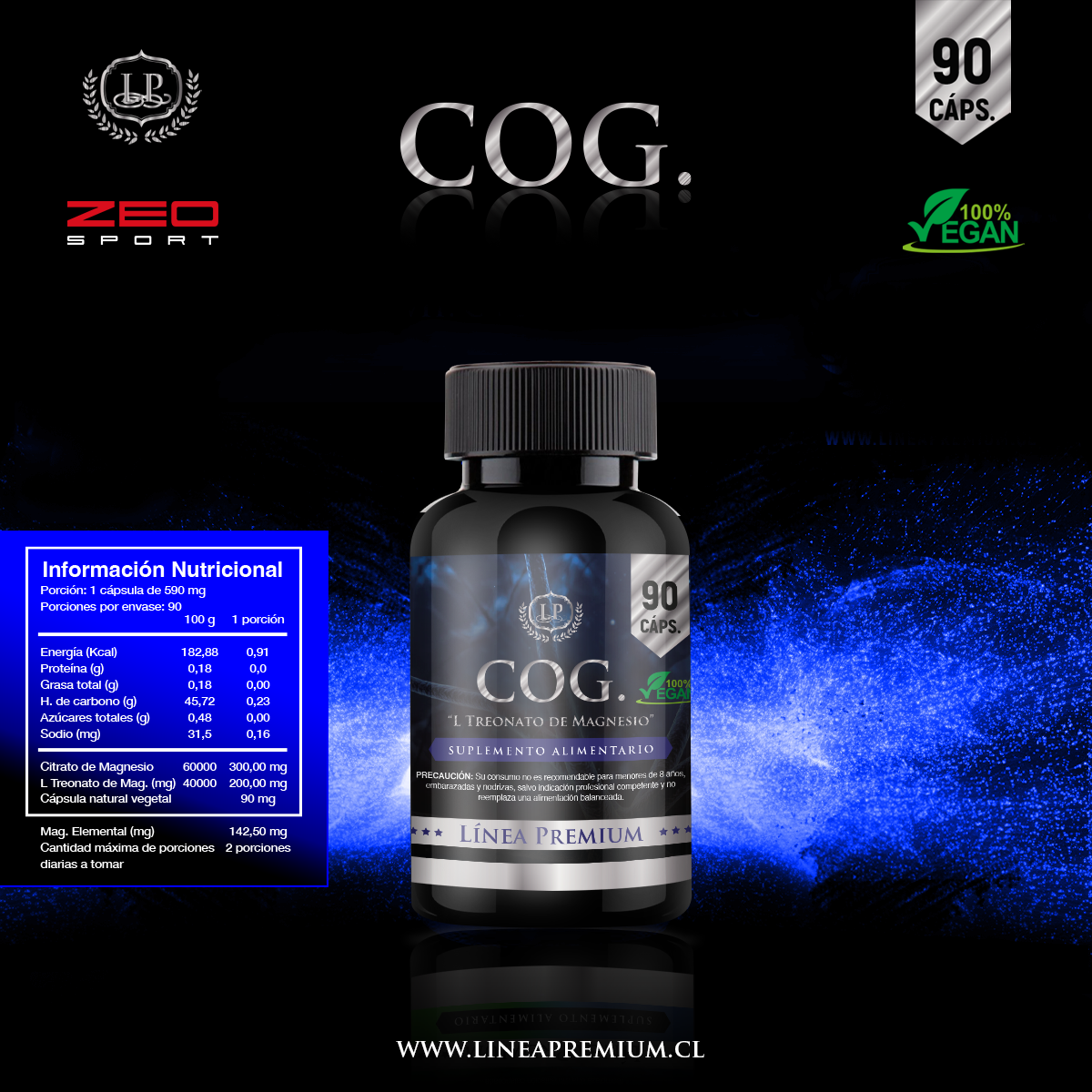 SUPLEMENTO ALIMENTICIO LÍNEA PREMIUM COGNITIVE L-TREONATO DE MAGNESIO 90 CAPSULAS - 1