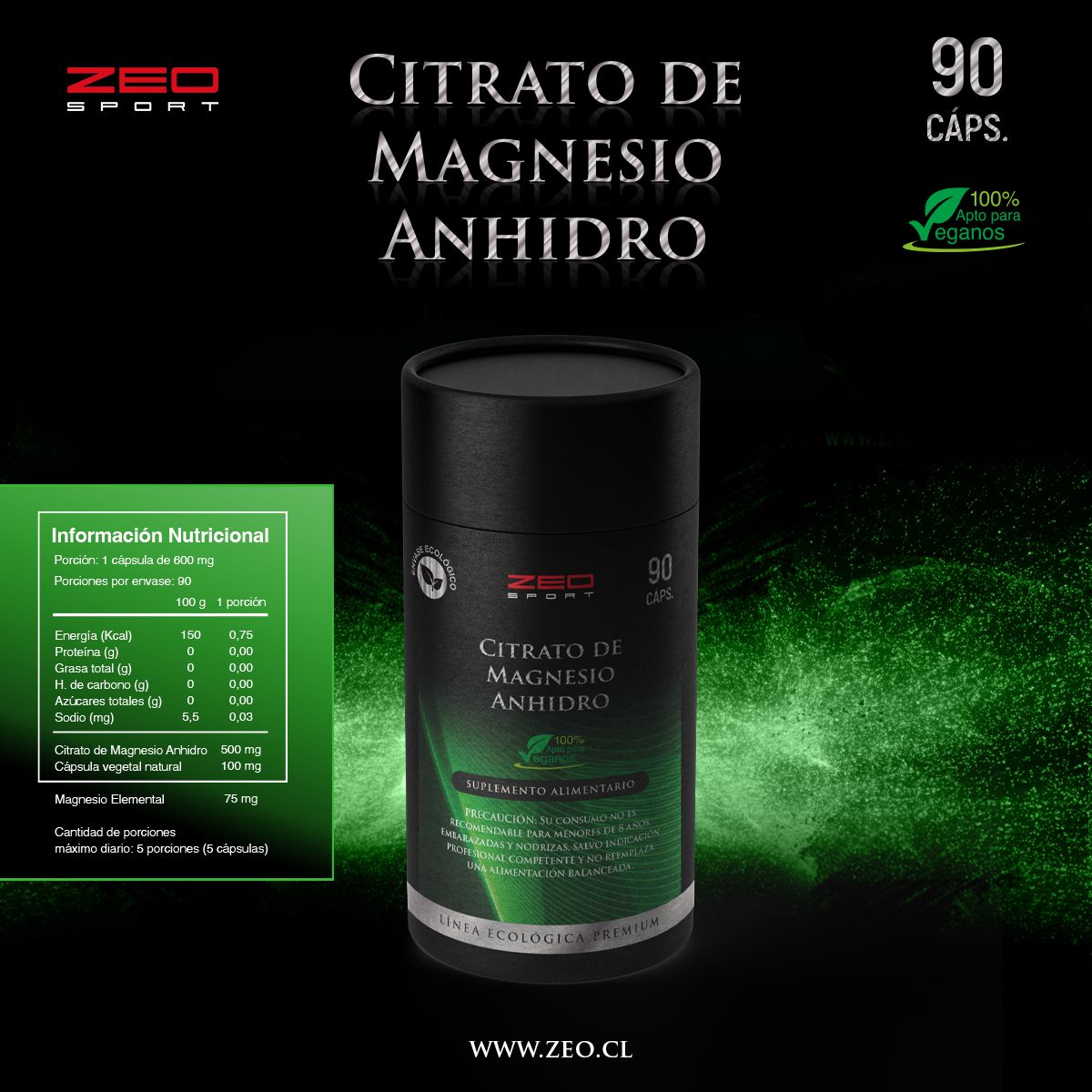 SUPLEMENTO ALIMENTICIO ZEO SPORT CITRATO DE MAGNESIO ANHIDRO 90 CAPSULAS - 1