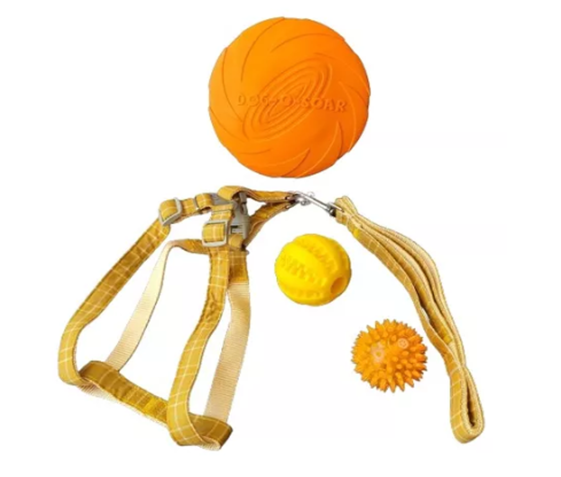 SET ARNÉS PERROS CUADRO + CORREA 2 PELOTAS + FRISBEE MASCOTAS - 3