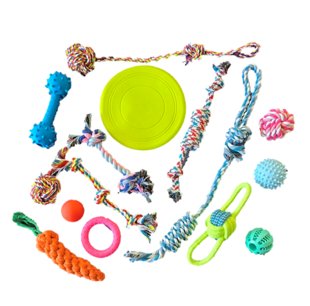SET 15 JUGUETES PERROS PELOTA DENTAL CUERDAS NUDOS - 1