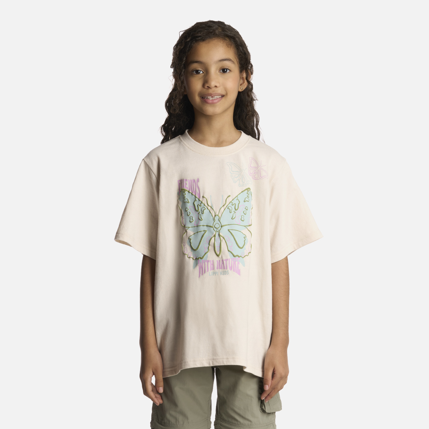 POLERA ALGODÓN ORGÁNICO NIÑA LIPPI BEIGE BUTTERFLY OVERSIZE T-SHIRT MARFIL - 1