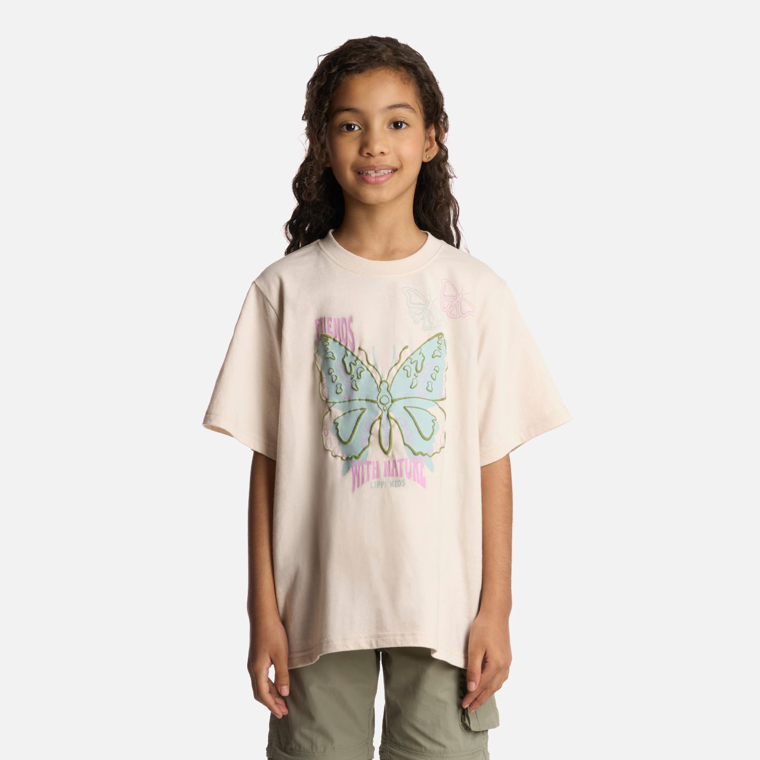 POLERA ALGODÓN ORGÁNICO NIÑA LIPPI BEIGE BUTTERFLY OVERSIZE T-SHIRT MARFIL - 1