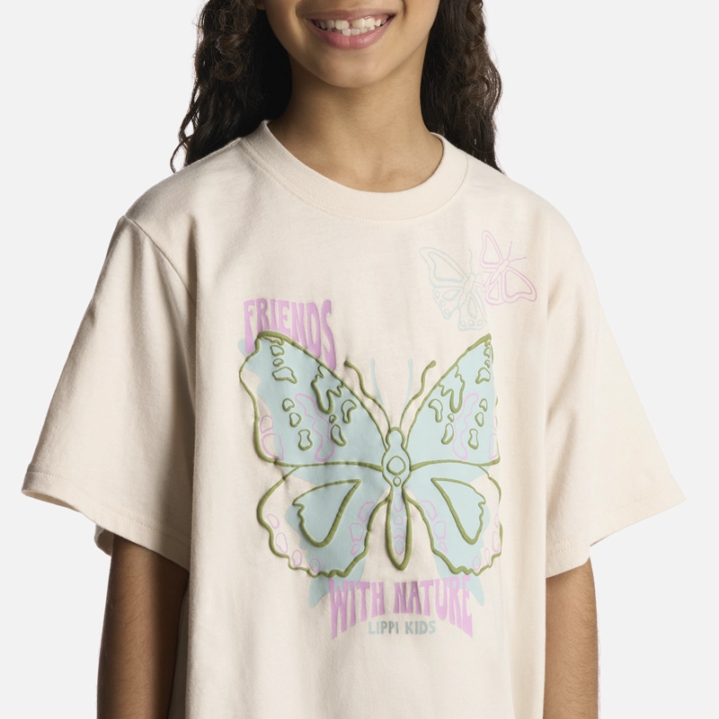 POLERA ALGODÓN ORGÁNICO NIÑA LIPPI BEIGE BUTTERFLY OVERSIZE T-SHIRT MARFIL - 4