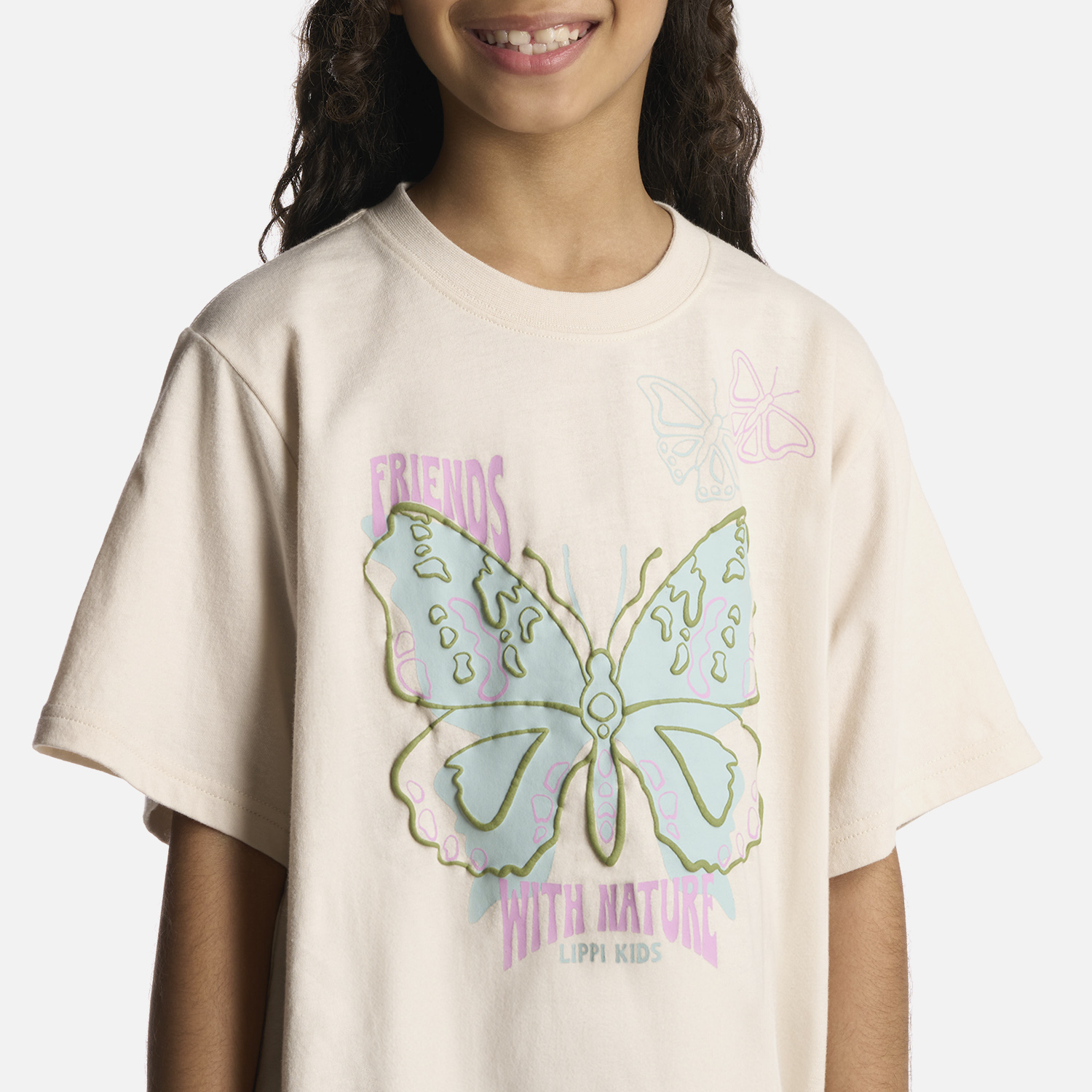 POLERA ALGODÓN ORGÁNICO NIÑA LIPPI BEIGE BUTTERFLY OVERSIZE T-SHIRT MARFIL - 4