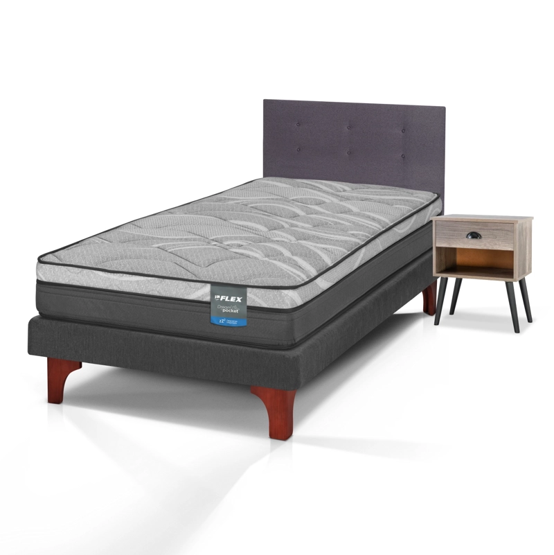 CAMA EUROPEA DREAM POCKET 1.5 PLAZAS BOX 105X200 + RESPALDO ROYAL GRAFITO + VELADOR ROCK FLEX - 1