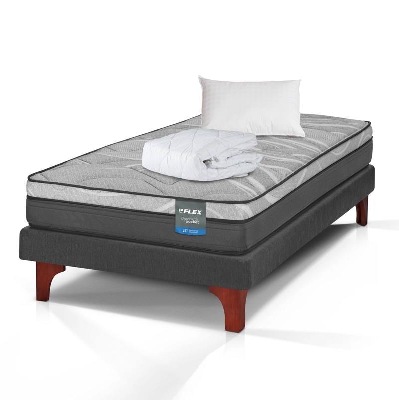 CAMA EUROPEA DREAM POCKET 1.5 PLAZAS BOX 105X200 + ALMOHADA POLICOTTON + CUBRECOLCHON BASICO FLEX - 1
