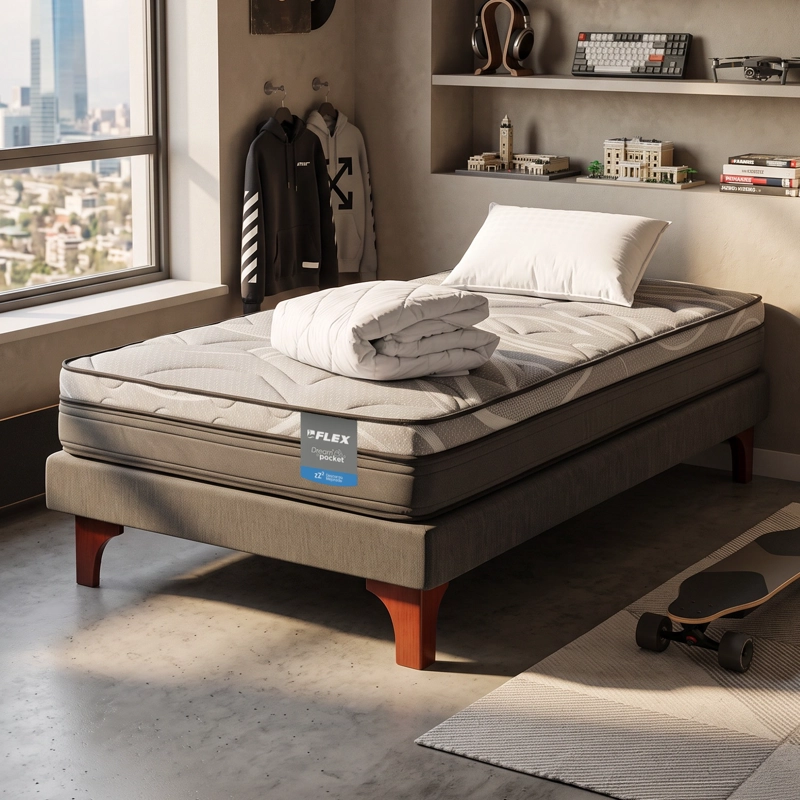 CAMA EUROPEA DREAM POCKET 1.5 PLAZAS BOX 105X200 + ALMOHADA POLICOTTON + CUBRECOLCHON BASICO FLEX - 6