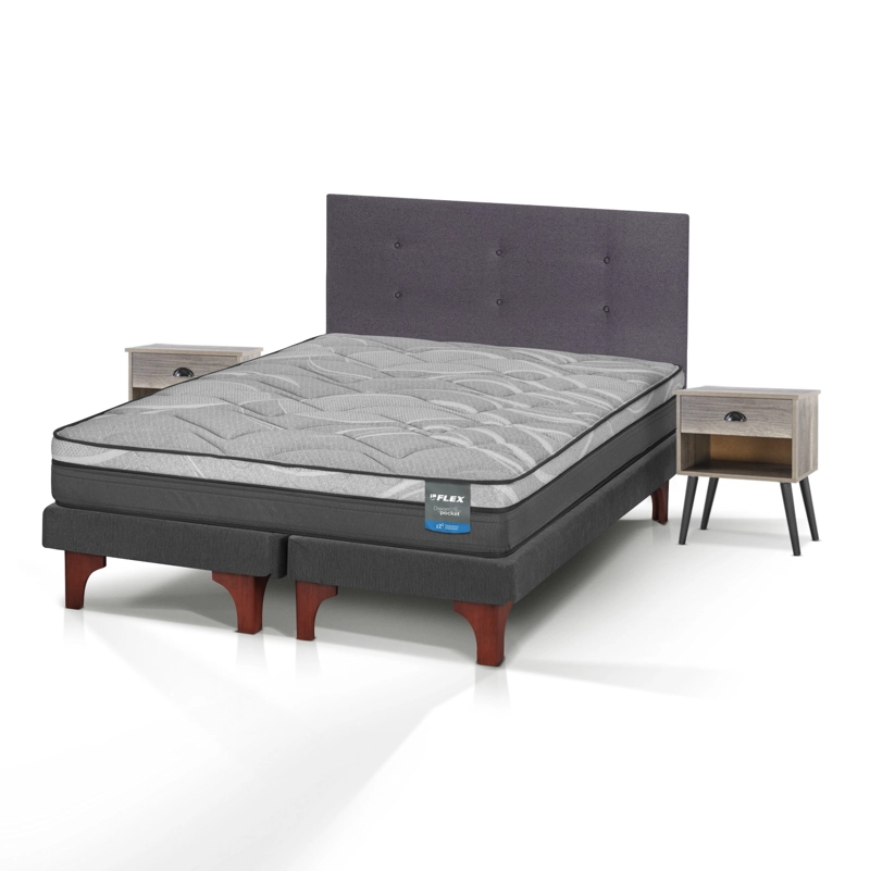 CAMA EUROPEA DREAM POCKET 2 PLAZAS BOX 150X200 + RESPALDO ROYAL GRAFITO + VELADOR ROCK FLEX - 1