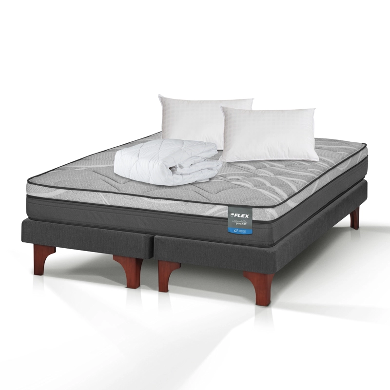 CAMA EUROPEA DREAM POCKET 2 PLAZAS BOX 150X200 + ALMOHADA POLICOTTON + CUBRECOLCHON BASICO FLEX - 1
