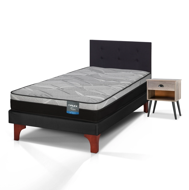 CAMA EUROPEA DREAM PRO 1.5 PLAZAS BOX + RESPALDO ROYAL NEGRO + VELADOR ROCK FLEX - 1