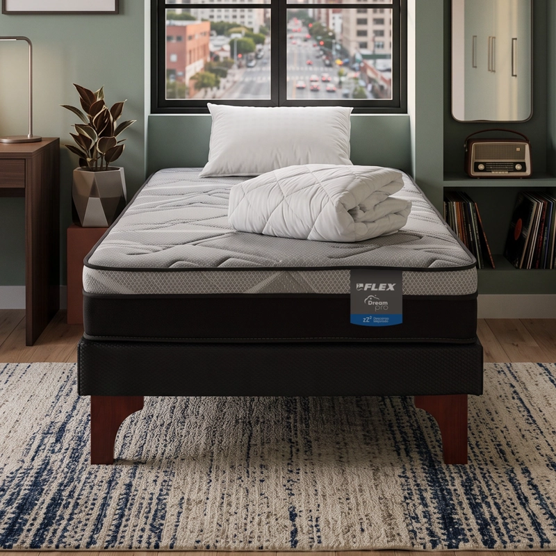 CAMA EUROPEA DREAM PRO 1.5 PLAZAS BOX 105X200 + ALMOHADA POLICOTTON + CUBRECOLCHON FLEX - 6