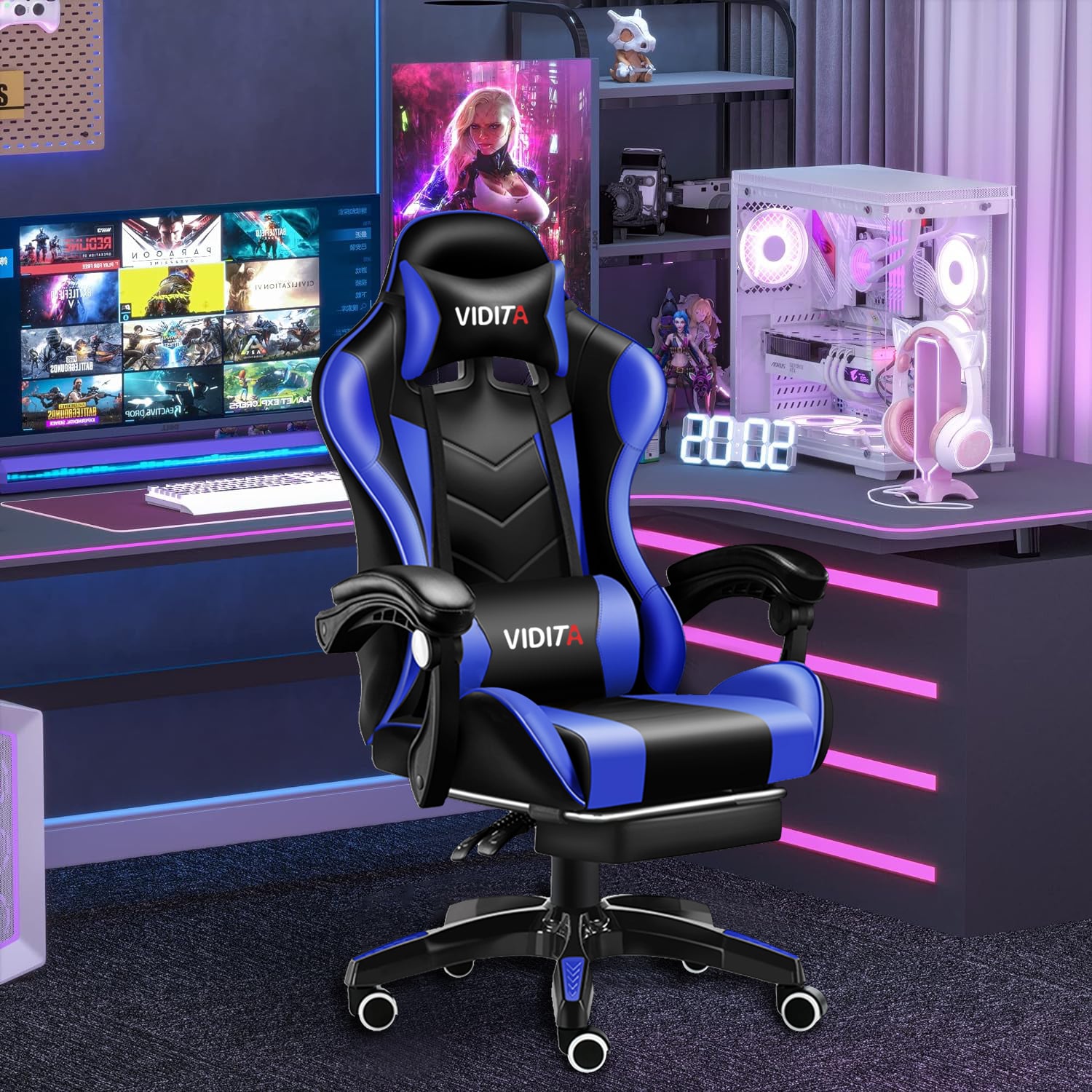 Silla Gamer Profesional GX2000 con Reposapiés-Azul - 5