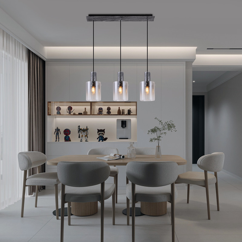LÁMPARA DE COLGAR 3 LUCES E27 NEGRO METAL Y VIDRIO 68×15×26CM - 2