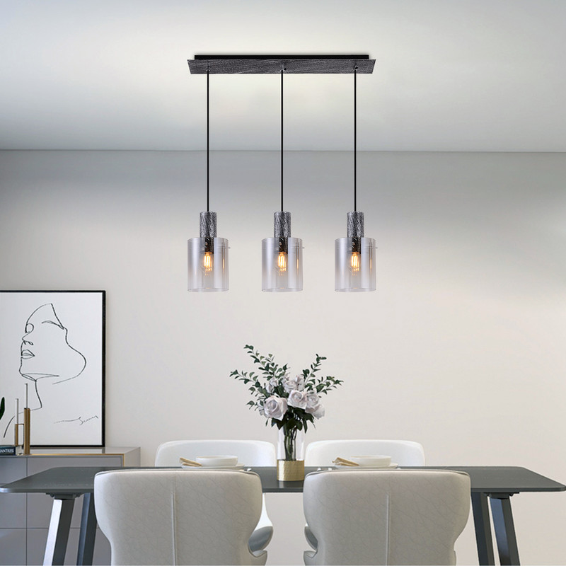 LÁMPARA DE COLGAR 3 LUCES E27 NEGRO METAL Y VIDRIO 68×15×26CM - 3