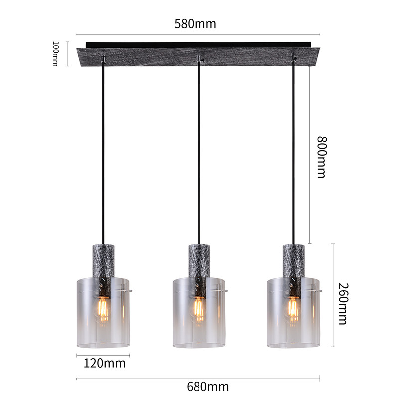 LÁMPARA DE COLGAR 3 LUCES E27 NEGRO METAL Y VIDRIO 68×15×26CM - 5