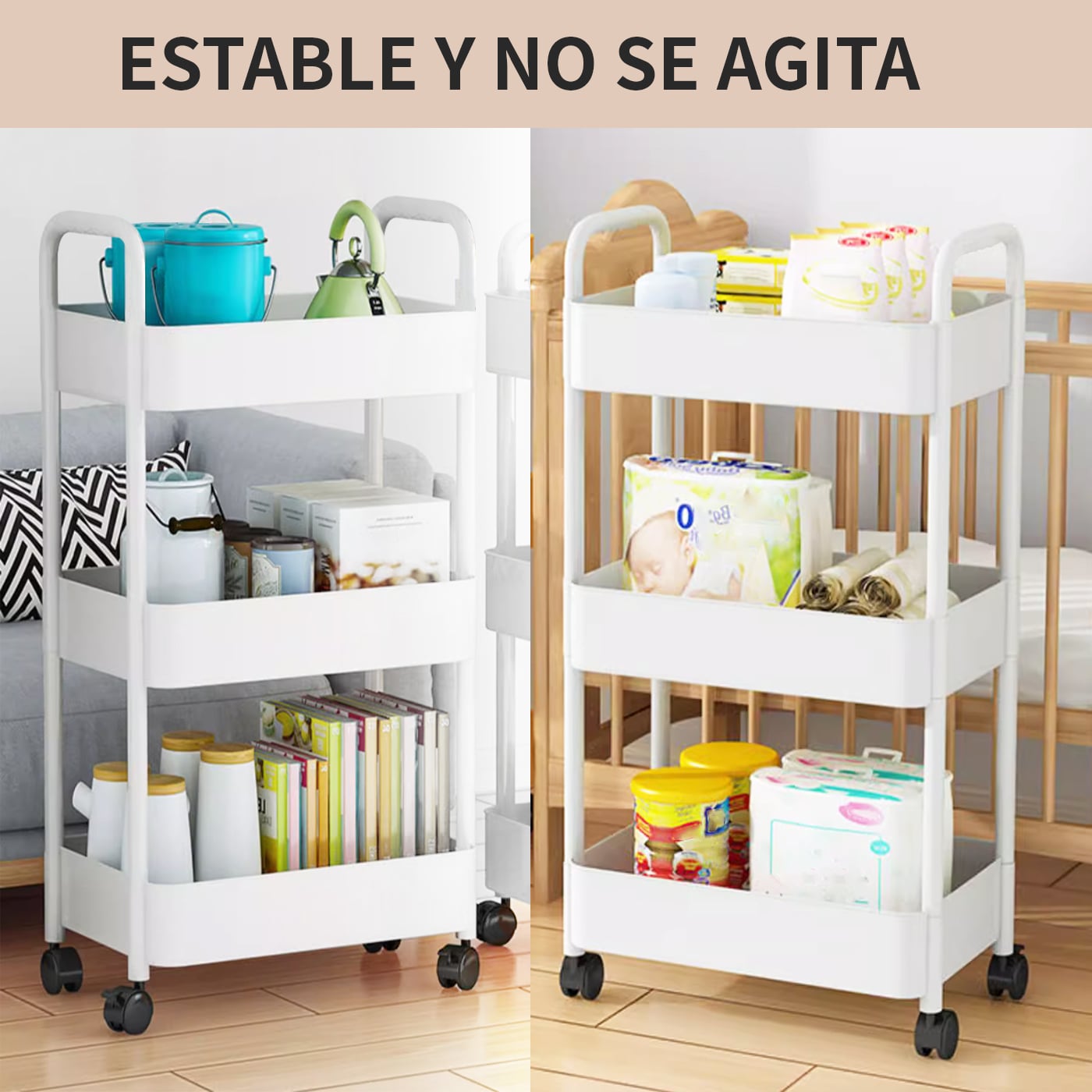 CARRITO CARRO ORGANIZADOR RUEDAS MULTIUSO 3 NIVELES 2 ASAS BLANCO - 2