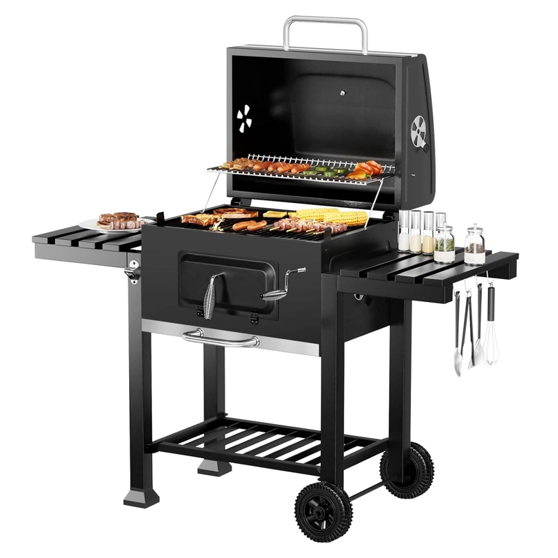 PARRILLA A CARBÓN CON RUEDAS Y 2 BANDEJAS LATERALES 135X47,5X106CM - 1
