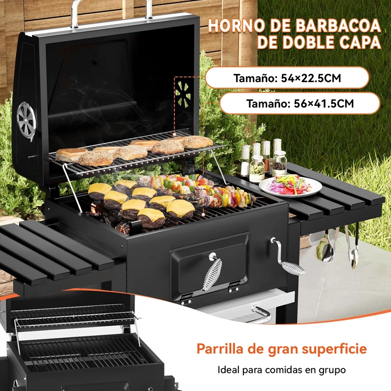 PARRILLA A CARBÓN CON RUEDAS Y 2 BANDEJAS LATERALES 135X47,5X106CM - 5