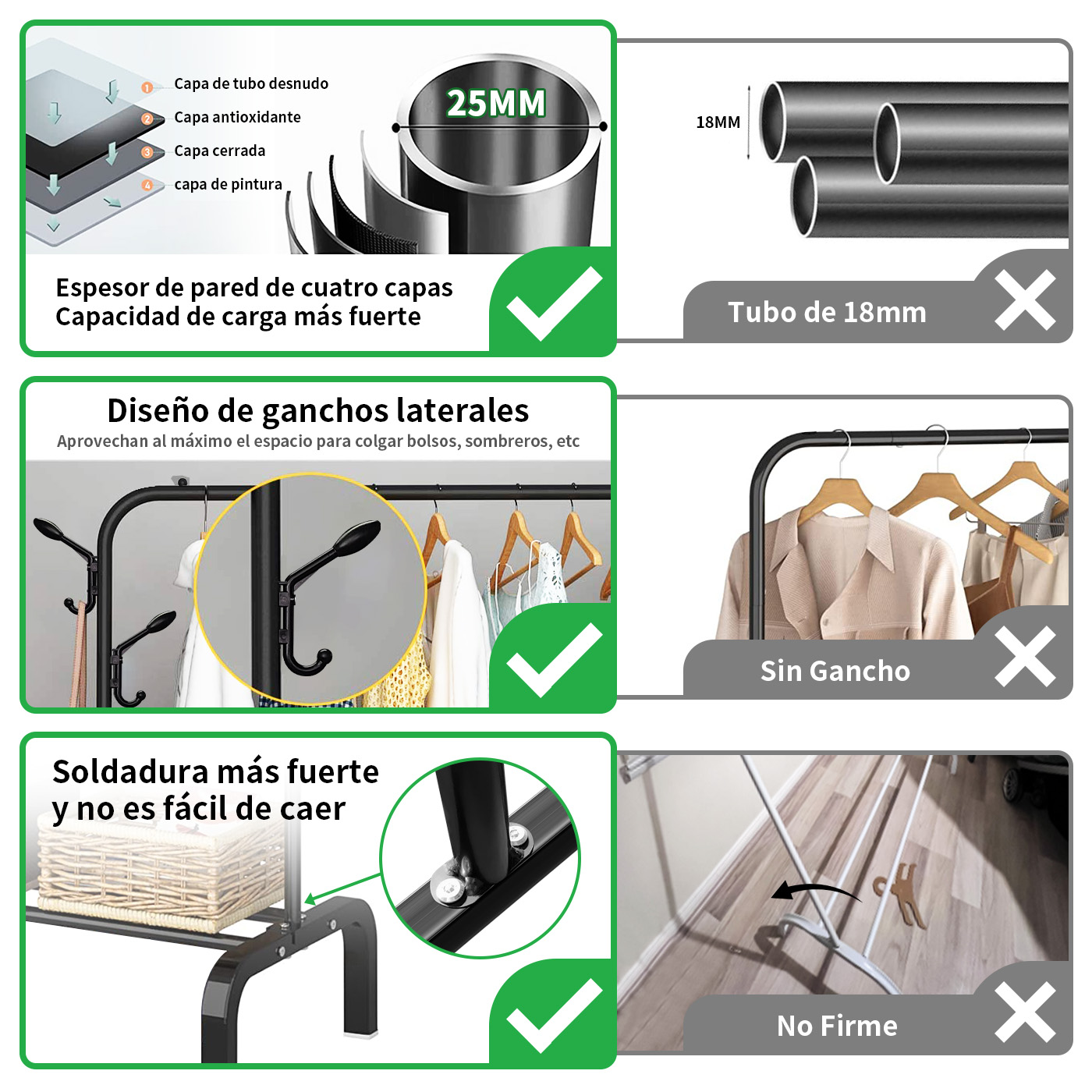 PERCHERO ORGANIZADOR COLGANTE DE ROPA TUBO 25MM CON GANCHOS - 6