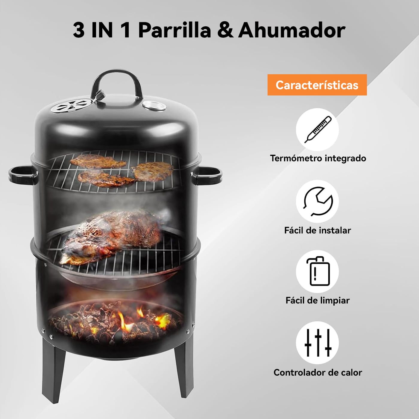 PARRILLA A CARBÓN Y AHUMADOR CON 2 PARRILLAS DE COCCIÓN DIÁMETRO 40CM - 4
