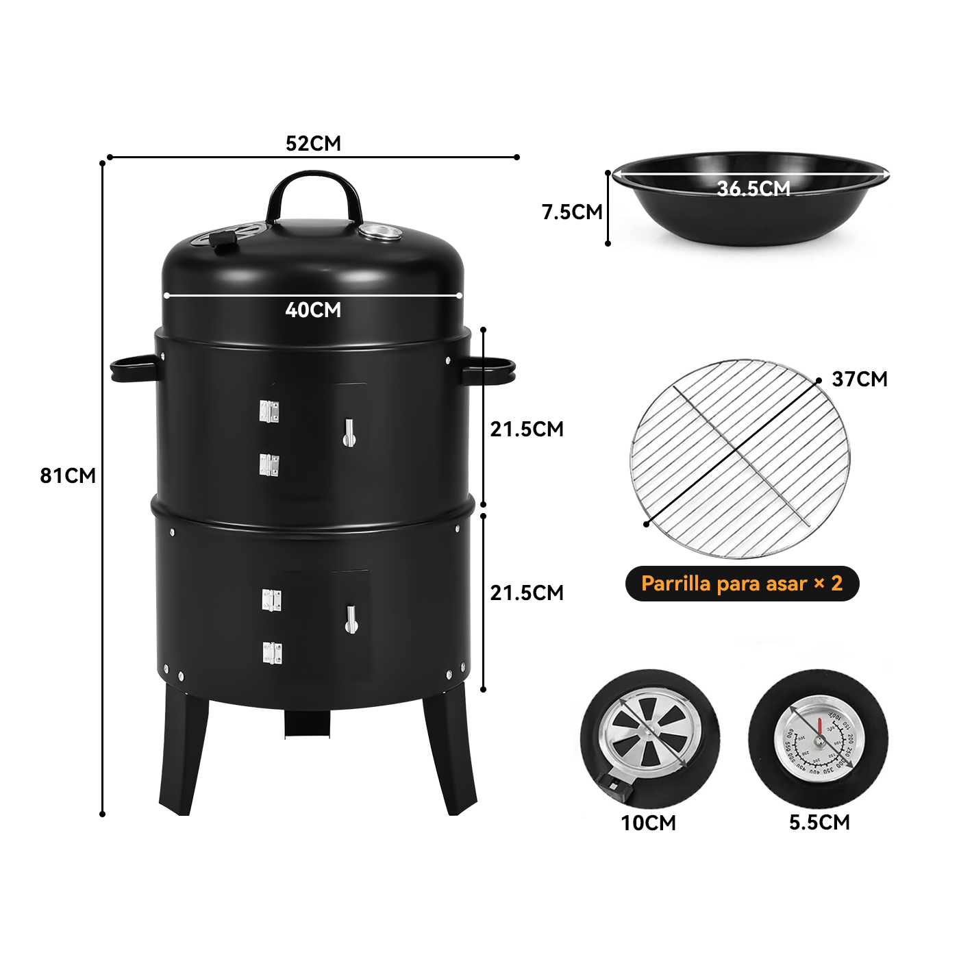 PARRILLA A CARBÓN Y AHUMADOR CON 2 PARRILLAS DE COCCIÓN DIÁMETRO 40CM - 8