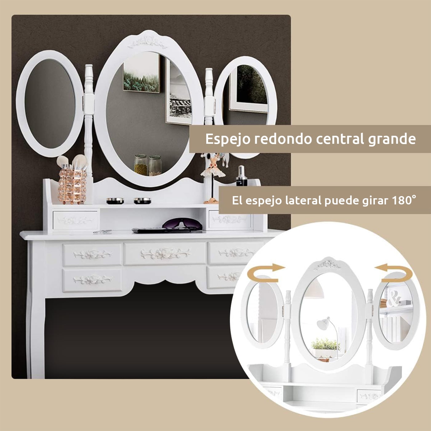 TOCADOR MDF BLANCO CON ESPEJO TRIPLE Y TABURETE ACOLCHADO - 2