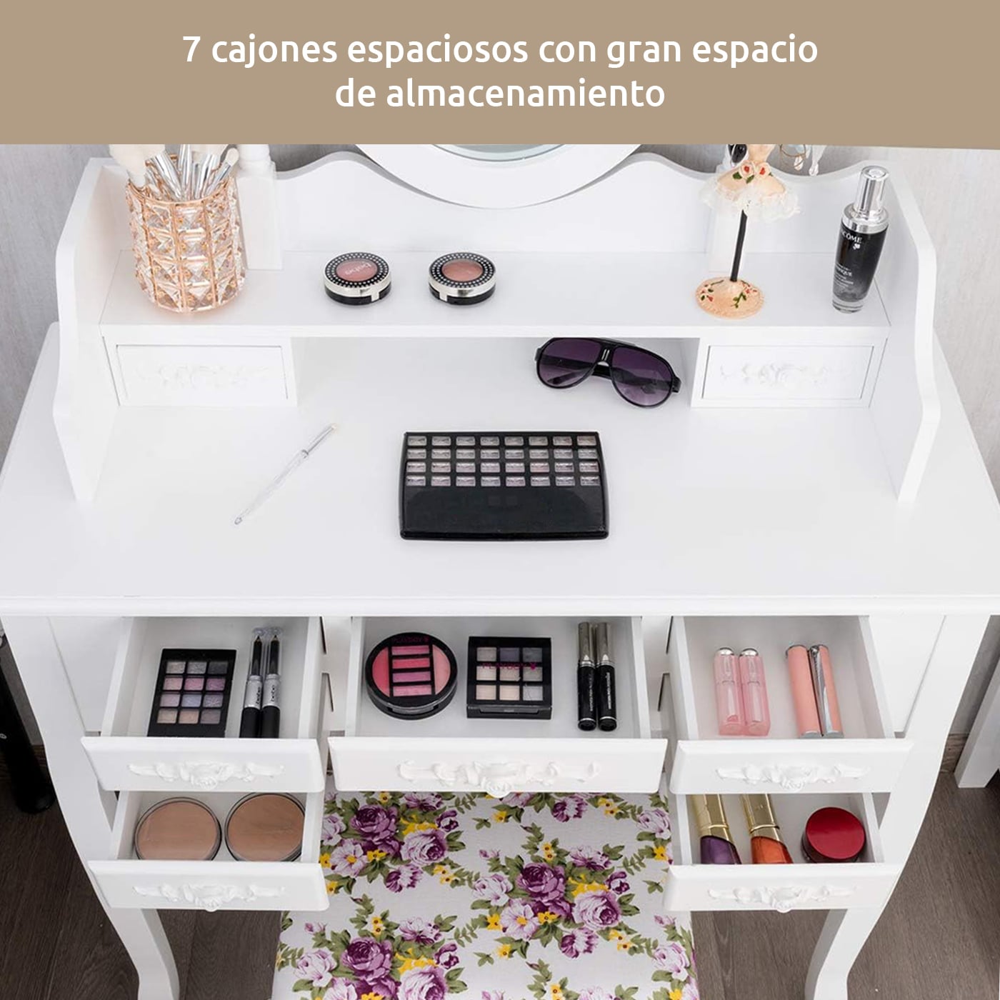 TOCADOR MDF BLANCO CON ESPEJO TRIPLE Y TABURETE ACOLCHADO - 3